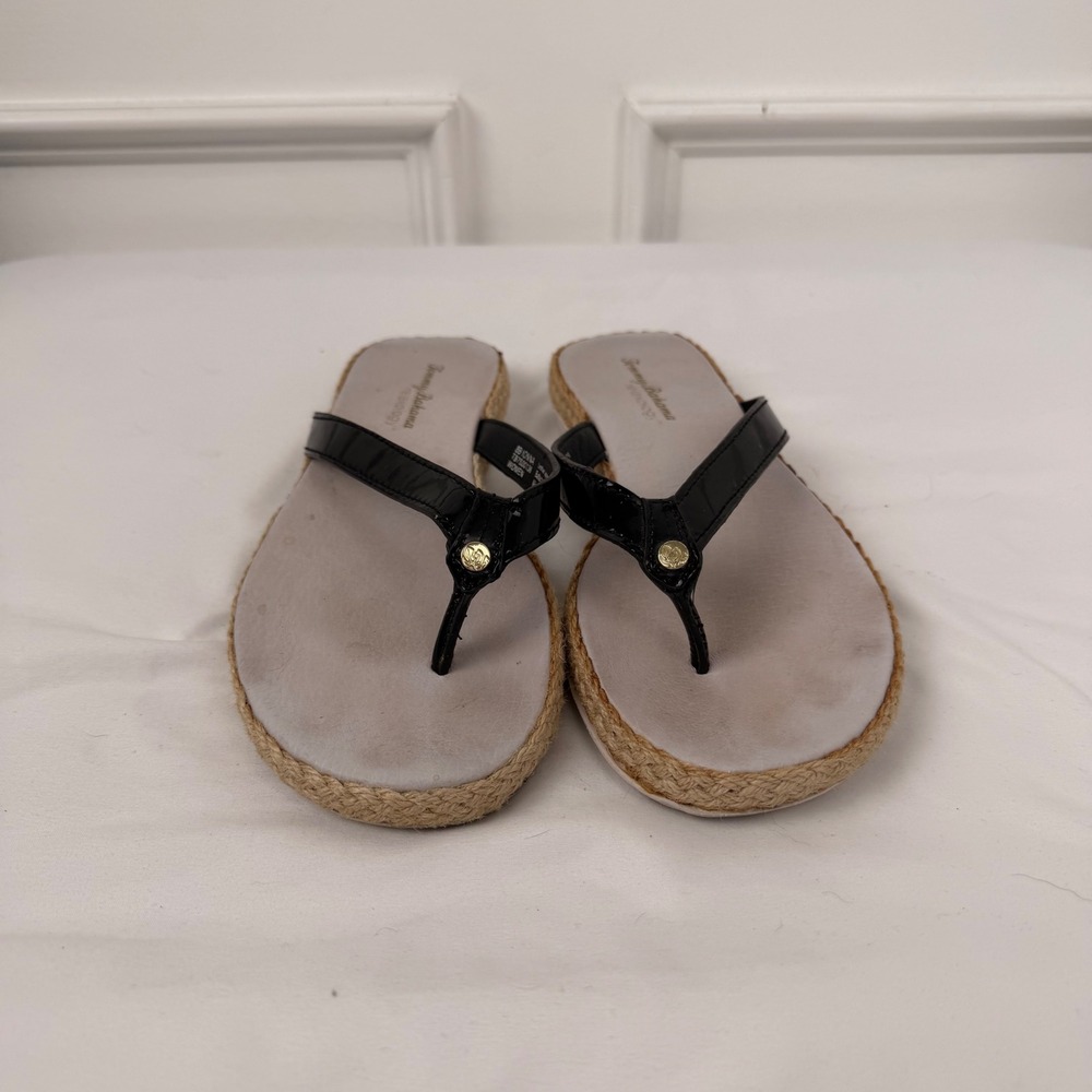 Tommy Bahama Relaxology Ionna Black Patent Leather Espadrille Flip Flops Size 8B